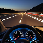 **

> A car driving on a highway at night, featuring adaptive headlights illuminating the road while automatically adjusting to avoid blinding oncoming traffic. In the corner of the image, subtly showcase the lane-keeping assist system detecting lane markings. The scene should convey a sense of safety and advanced technology.

**