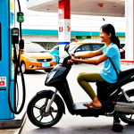 **

A brightly lit gas station in Ho Chi Minh City, Vietnam. A modern hybrid car is parked at a pump, but the driver is smiling and relaxed, looking at their phone instead of anxiously watching the fuel gauge. In the background, a traditional "xe om" (motorbike taxi) driver looks enviously at the hybrid car. The overall scene suggests reduced fuel costs and a sense of financial relief for the hybrid car owner. Focus on vibrant colors and a realistic, slightly humorous style.

**