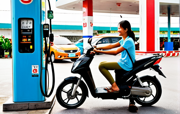 **

A brightly lit gas station in Ho Chi Minh City, Vietnam. A modern hybrid car is parked at a pump, but the driver is smiling and relaxed, looking at their phone instead of anxiously watching the fuel gauge. In the background, a traditional "xe om" (motorbike taxi) driver looks enviously at the hybrid car. The overall scene suggests reduced fuel costs and a sense of financial relief for the hybrid car owner. Focus on vibrant colors and a realistic, slightly humorous style.

**