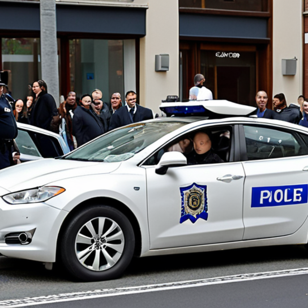 **

Prompt: A crashed self-driving car after an accident, emphasizing the legal challenges and debates around liability. Show a slightly futuristic car with visible damage, surrounded by concerned onlookers and possibly police. The scene should evoke a sense of confusion and uncertainty about who is at fault.

**