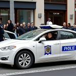**

Prompt: A crashed self-driving car after an accident, emphasizing the legal challenges and debates around liability. Show a slightly futuristic car with visible damage, surrounded by concerned onlookers and possibly police. The scene should evoke a sense of confusion and uncertainty about who is at fault.

**