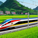 Modern Vietnamese High-Speed Rail**

Prompt: A sleek, modern high-speed train speeding through the Vietnamese countryside. Lush rice paddies and vibrant green hills in the background. The train is decorated with Vietnamese flag colors, and modern architecture of Hanoi in the distance. Focus on speed, efficiency, and connection to the beautiful landscape. Style: Photorealistic, dynamic composition.

**