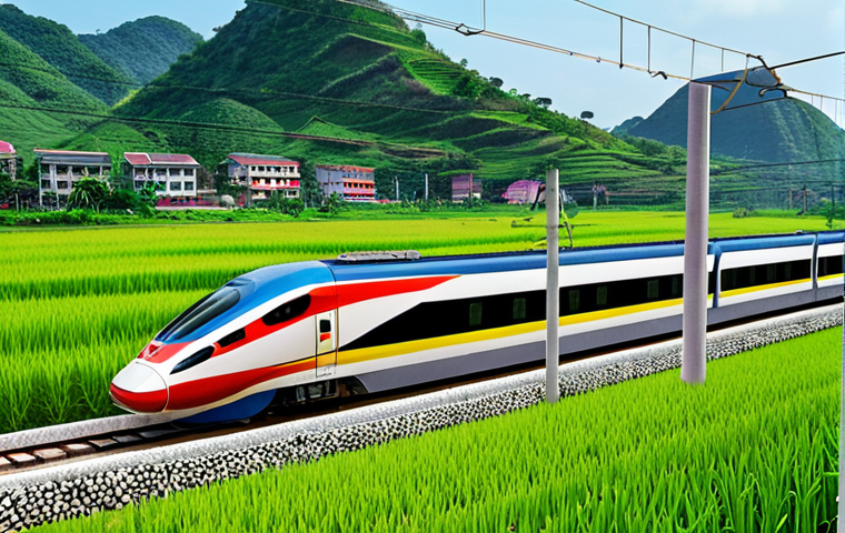 Modern Vietnamese High-Speed Rail**

Prompt: A sleek, modern high-speed train speeding through the Vietnamese countryside. Lush rice paddies and vibrant green hills in the background. The train is decorated with Vietnamese flag colors, and modern architecture of Hanoi in the distance. Focus on speed, efficiency, and connection to the beautiful landscape. Style: Photorealistic, dynamic composition.

**