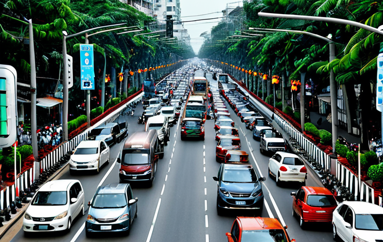 스마트 도로 시스템 - Smart Traffic Management**
"A bustling Hanoi street scene during rush hour, but the traffic flows s...