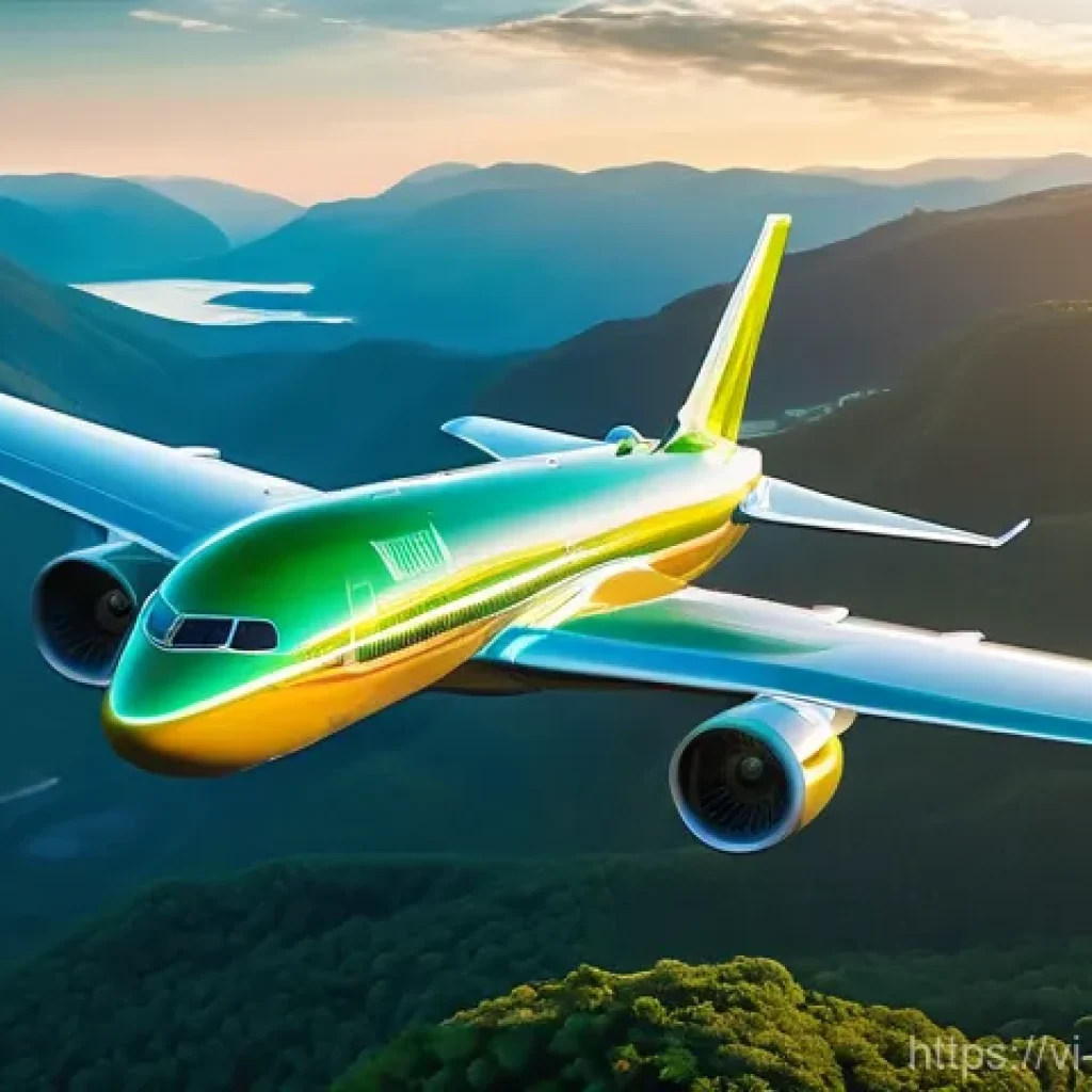 항공 운송 기술 - **Prompt: "Green Wings: Sustainable Aviation in a Pristine Landscape"**
A highly realistic, maje...