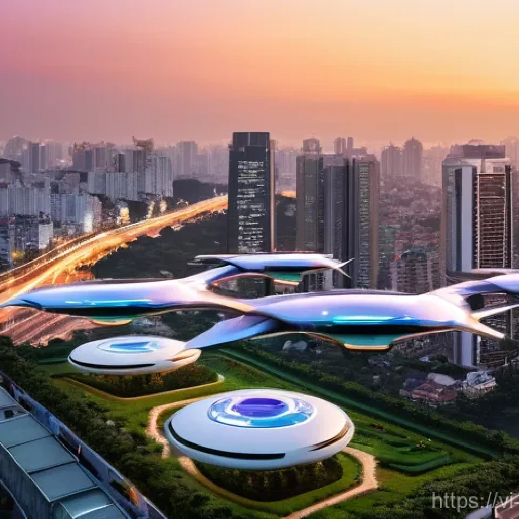 하늘을 나는 자동차 안전성 - **Prompt:** "A panoramic view of a futuristic Ho Chi Minh City at sunset. Sleek, multi-rotor electri...