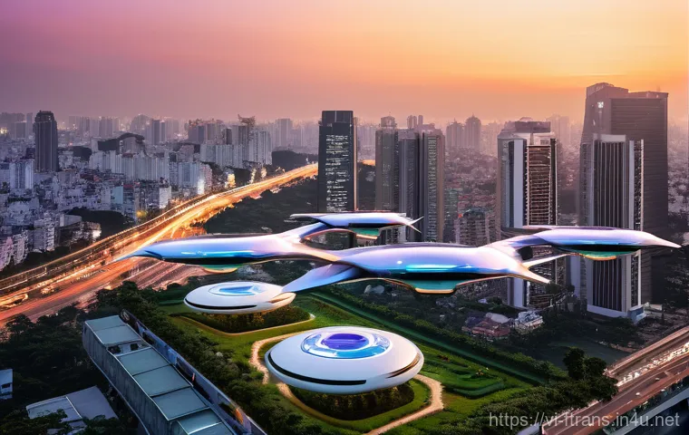 하늘을 나는 자동차 안전성 - **Prompt:** "A panoramic view of a futuristic Ho Chi Minh City at sunset. Sleek, multi-rotor electri...