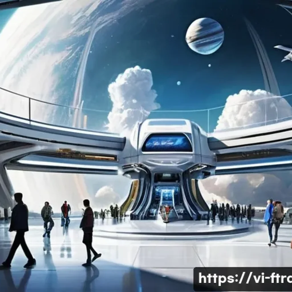 우주 교통 네트워크 - **Prompt:** A bustling, vibrant futuristic spaceport at a major orbital hub. Sleek, advanced reusabl...