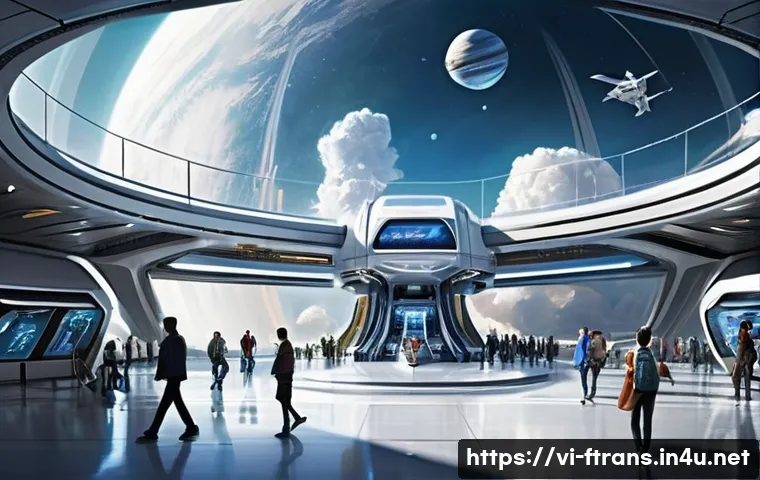 우주 교통 네트워크 - **Prompt:** A bustling, vibrant futuristic spaceport at a major orbital hub. Sleek, advanced reusabl...