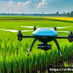 Home 22 전기 드론 시장 전망 - A sleek modern electric drone hovering over a lush rice paddy field in the Mekong Delta, Vietnam, eq...