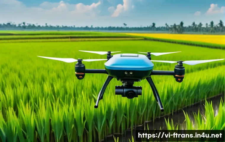 전기 드론 시장 전망 - A sleek modern electric drone hovering over a lush rice paddy field in the Mekong Delta, Vietnam, eq...