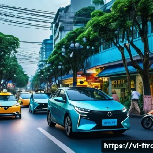 Home 33 미래 운송 산업 동향 - A futuristic urban street scene in Ho Chi Minh City at dusk, showcasing multiple autonomous electric...