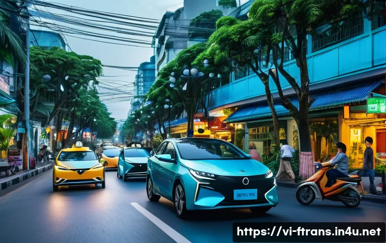미래 운송 산업 동향 - A futuristic urban street scene in Ho Chi Minh City at dusk, showcasing multiple autonomous electric...