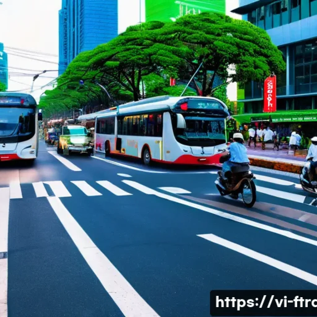 도로에 스마트 센서 배치 - A bustling urban street scene in Ho Chi Minh City featuring smart traffic management technology: mul...