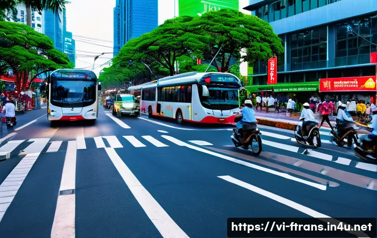 도로에 스마트 센서 배치 - A bustling urban street scene in Ho Chi Minh City featuring smart traffic management technology: mul...