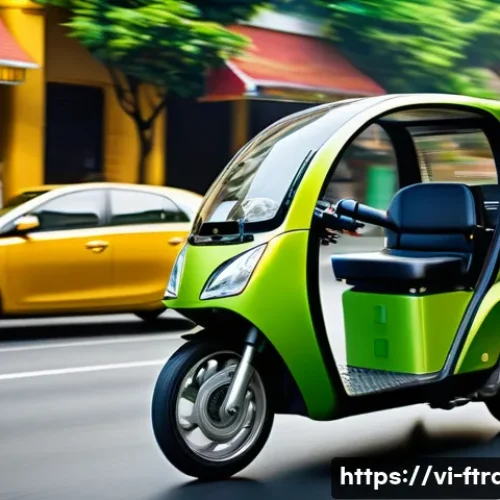Home 30 하이브리드차 - A sleek modern hybrid car driving smoothly through a bustling Vietnamese city street during rush hou...