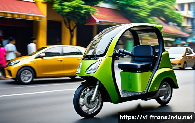 하이브리드차 - A sleek modern hybrid car driving smoothly through a bustling Vietnamese city street during rush hou...