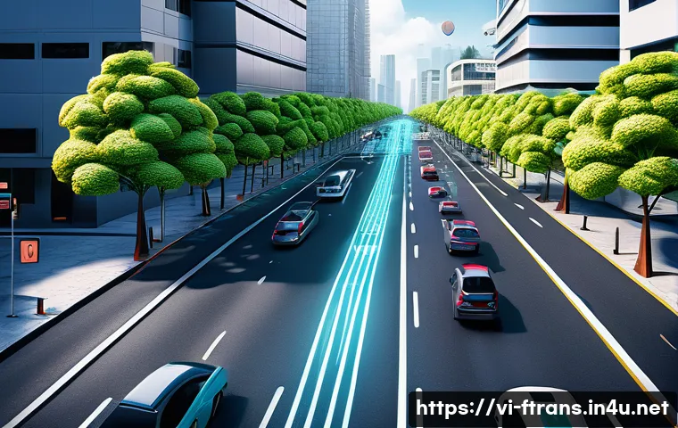 디지털 트윈과 미래 운송 - A detailed 3D urban traffic simulation scene set in a Southeast Asian city, showing a complex road n...
