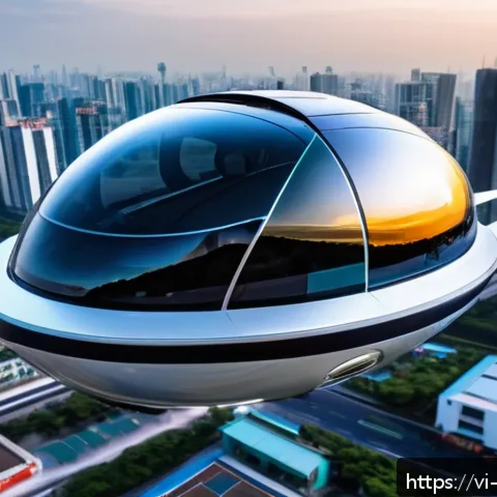 하늘을 나는 자동차 - A futuristic personal flying vehicle showcased in a bustling Vietnamese cityscape, constructed with ...