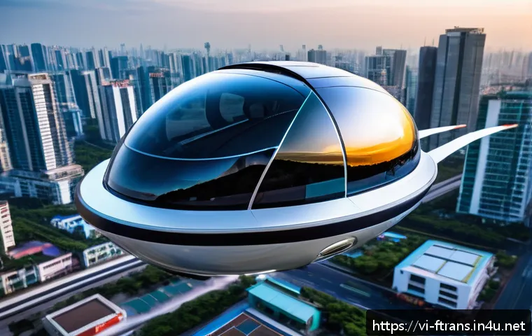 하늘을 나는 자동차 - A futuristic personal flying vehicle showcased in a bustling Vietnamese cityscape, constructed with ...