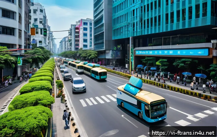 스마트 시티와 미래 운송 - A bustling urban street scene in a modern Vietnamese city featuring smart traffic management technol...