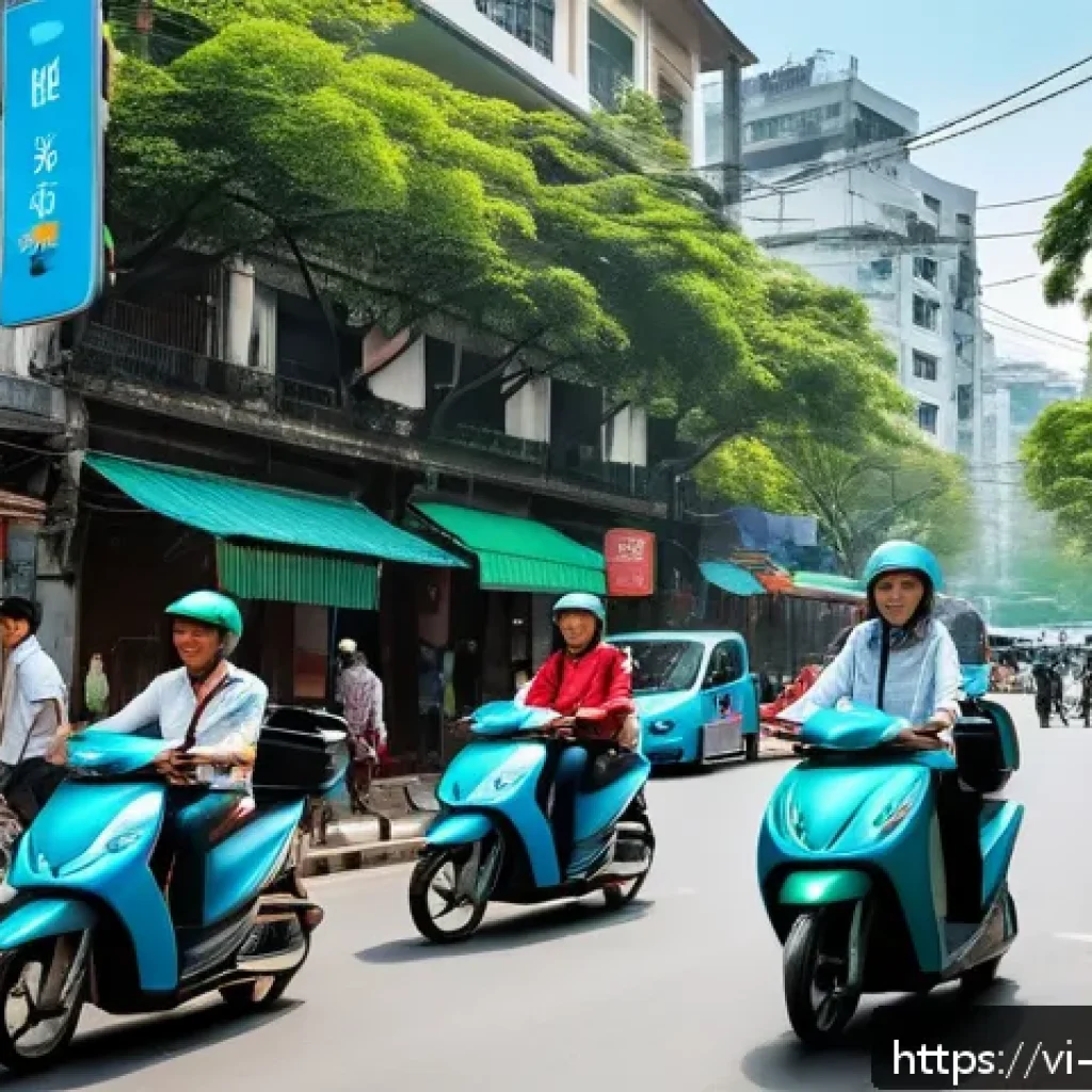 스마트 시티 교통 - A bustling urban street scene in Hanoi featuring smart traffic management technology: multiple moder...