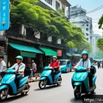 Home 22 스마트 시티 교통 - A bustling urban street scene in Hanoi featuring smart traffic management technology: multiple moder...