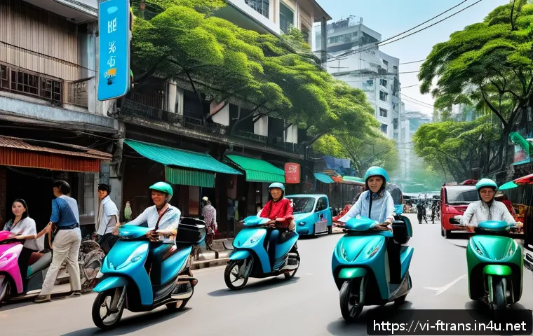 스마트 시티 교통 - A bustling urban street scene in Hanoi featuring smart traffic management technology: multiple moder...