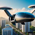 Home 21 하늘을 나는 자동차 상용화 - A futuristic Vietnamese urban scene showcasing a compact electric vertical takeoff and landing (eVTO...