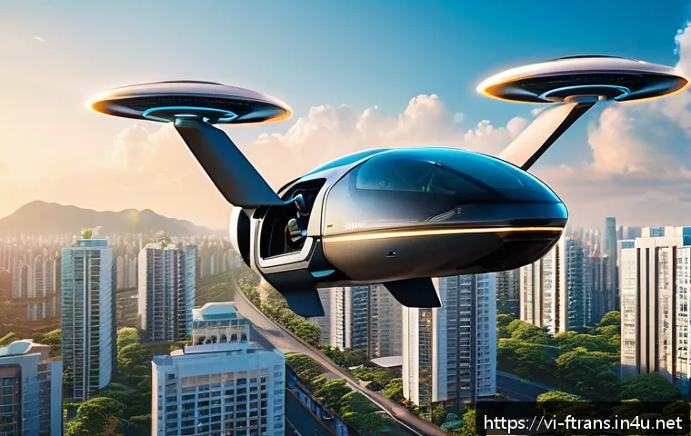 하늘을 나는 자동차 상용화 - A futuristic Vietnamese urban scene showcasing a compact electric vertical takeoff and landing (eVTO...