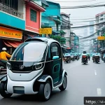 Home 20 테슬라 자율주행 - A futuristic Vietnamese city street scene featuring a modern autonomous car equipped with multiple u...
