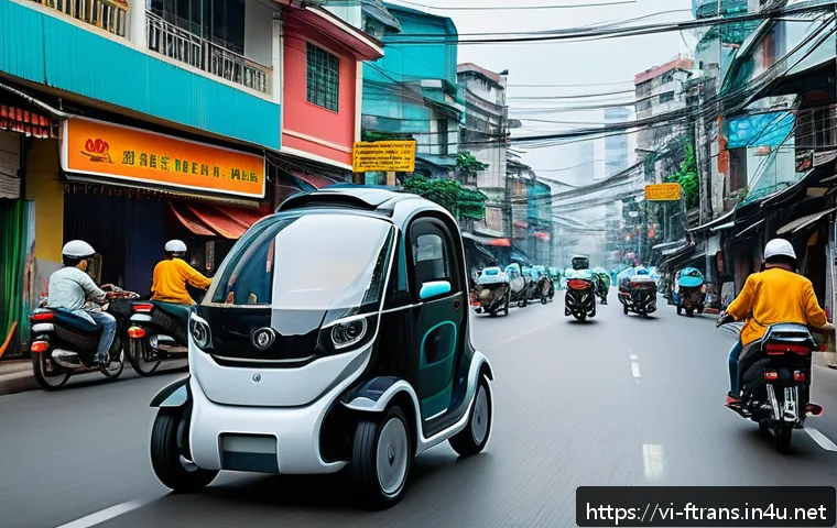 테슬라 자율주행 - A futuristic Vietnamese city street scene featuring a modern autonomous car equipped with multiple u...