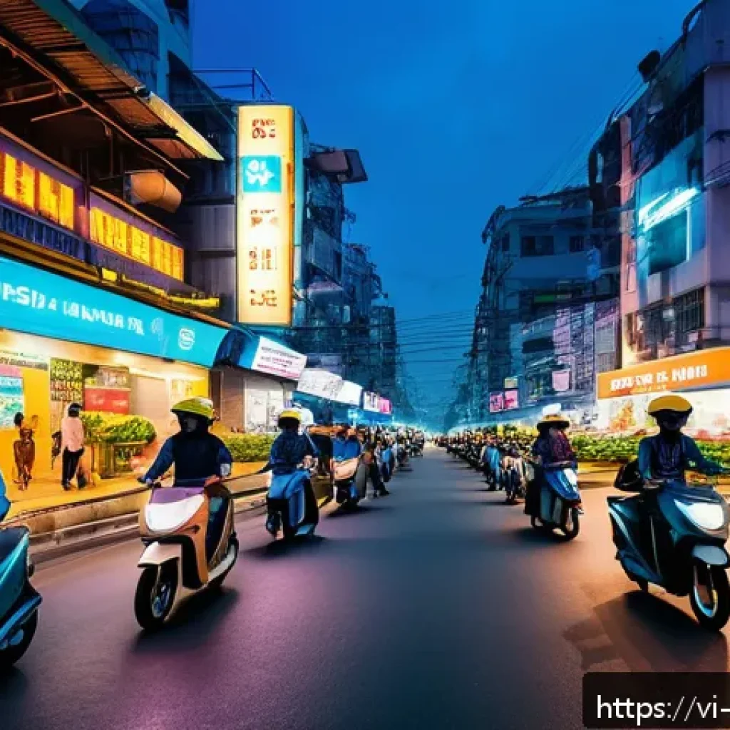 전기 드론 택시 - A futuristic urban scene in Ho Chi Minh City at dusk, featuring sleek electric taxi drones hovering ...