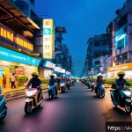 Home 19 전기 드론 택시 - A futuristic urban scene in Ho Chi Minh City at dusk, featuring sleek electric taxi drones hovering ...