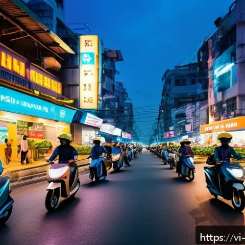 Home 31 전기 드론 택시 - A futuristic urban scene in Ho Chi Minh City at dusk, featuring sleek electric taxi drones hovering ...