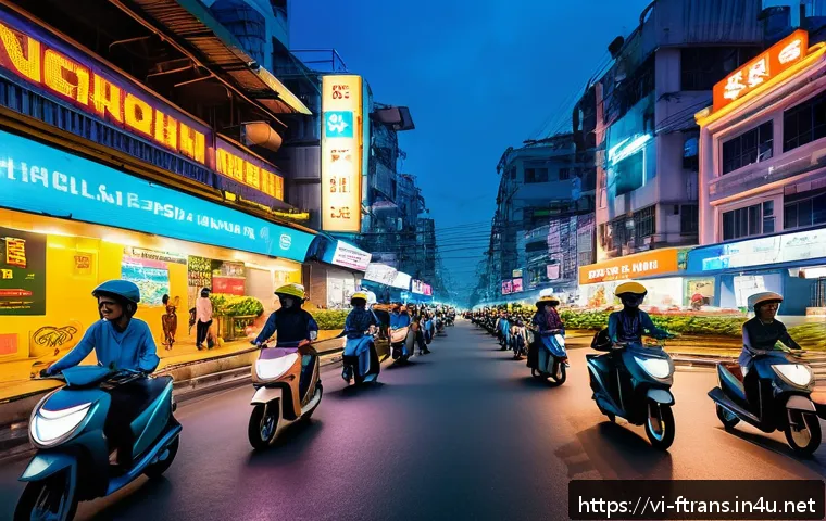 전기 드론 택시 - A futuristic urban scene in Ho Chi Minh City at dusk, featuring sleek electric taxi drones hovering ...