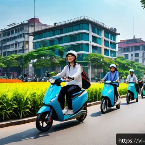 Home 30 모빌리티 혁신 기술 - A vibrant urban street scene in Hanoi featuring multiple electric scooters and bicycles with Vietnam...