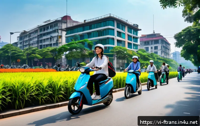 모빌리티 혁신 기술 - A vibrant urban street scene in Hanoi featuring multiple electric scooters and bicycles with Vietnam...