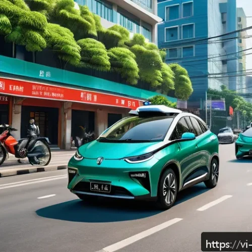 Home 17 스마트 시티 자율주행차 - A futuristic Vietnamese urban street scene featuring autonomous electric cars navigating smoothly th...