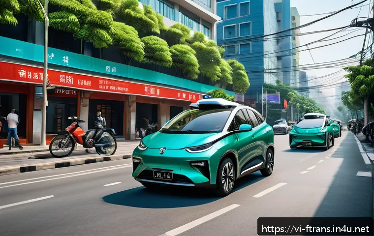 스마트 시티 자율주행차 - A futuristic Vietnamese urban street scene featuring autonomous electric cars navigating smoothly th...
