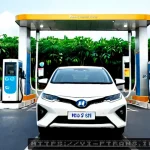 수소차 단점 - Photorealistic documentary-style scene in Ho Chi Minh City, Vietnam: a sleek hydrogen fuel-cell car ...