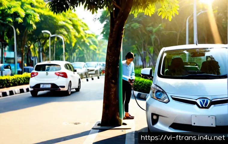 Home 30 공유 경제와 전기차 - Photorealistic morning scene in Ho Chi Minh City, a modern compact electric car parked at a clean cu...