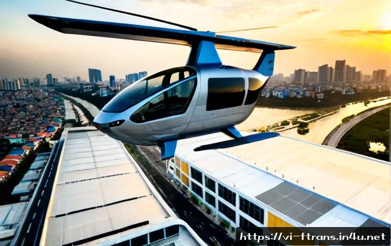 Home 17 플라잉 택시 비용 - Photorealistic aerial view of a sleek electric flying taxi descending toward a modern rooftop vertip...