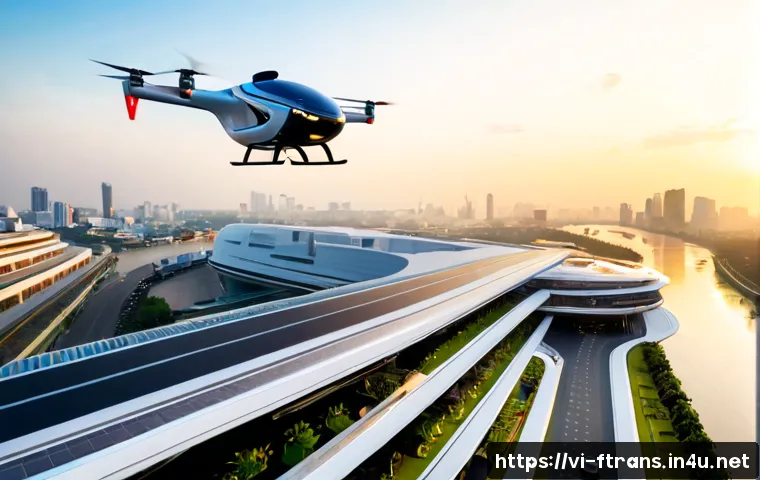 플라잉 택시 기술 - Photorealistic electric flying taxi hovering above a modern rooftop vertiport in Ho Chi Minh City at...