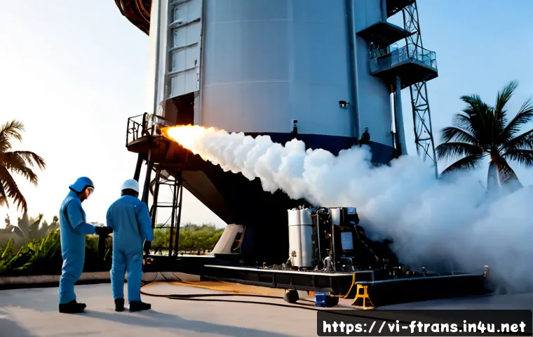 우주 항공기 연료 - Photorealistic close-up of a modern rocket being fueled at a tropical coastal spaceport in Vietnam, ...